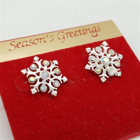 Vintage Silver Tone And Aurora Borealis Crystal Snowflake Stud Earrings