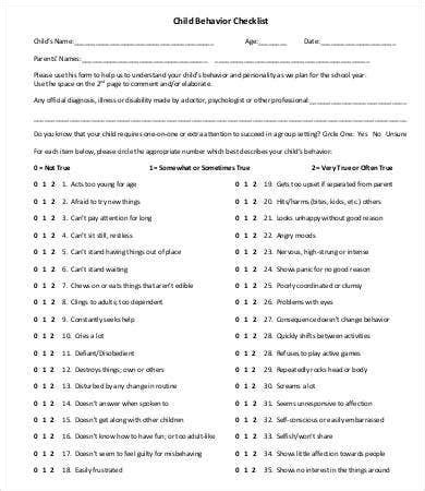 11+ Child Behavior Checklist Template - Free PDF Documents Download