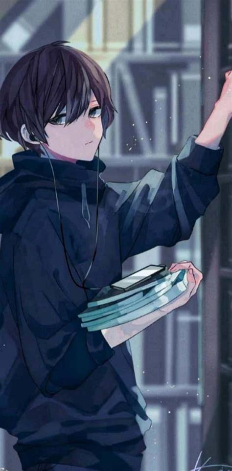 Download Calm Anime Boy Collecting Books Wallpaper