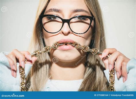 Beautiful Girl Sensual Woman Close Up Portrait With Golden Chain In