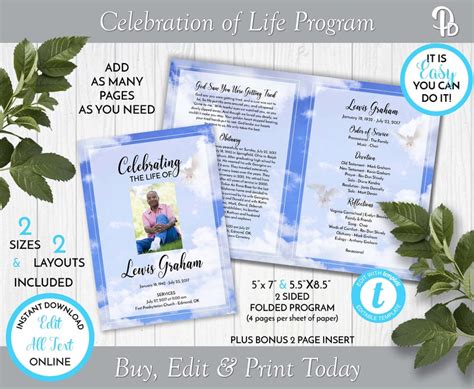 Blue Clouds Funeral Program Template Obituaryorder Of Etsy