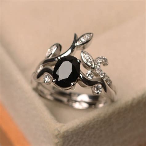 Black Spinel Ring Oval Cut Ring Set Black Engagement Ring 2970870
