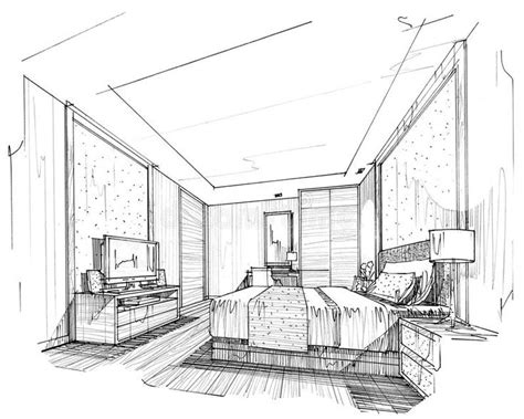 Download Sketch Interior Perspective Bedroom Black And White Interior