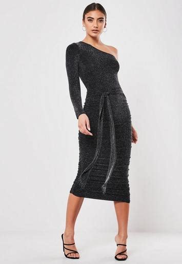 Black Glitter One Shoulder Slinky Bodycon Ruched Midi Dress Missguided