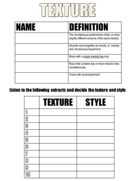 For this music worksheet, students learn 6 elements of music and match the names with the definitions. Musical texture guide by laurabeaumont - UK Teaching Resources - TES