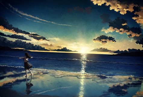 Sea Sunset Anime Girls Landscape Manga Anime Beach Outdoors Women On Beach Sky