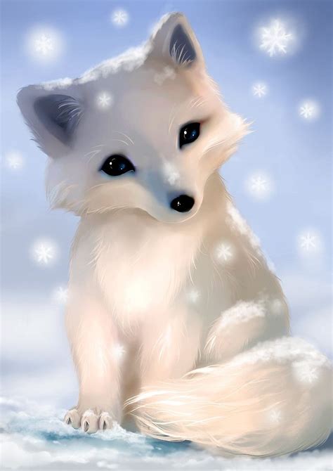 A Painting Of A White Fox Sitting In The Snow