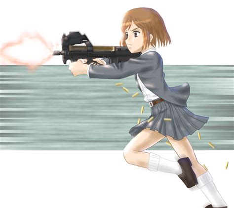 safebooru bob cut brown eyes brown hair bullpup firing gun gunslinger girl henrietta mary