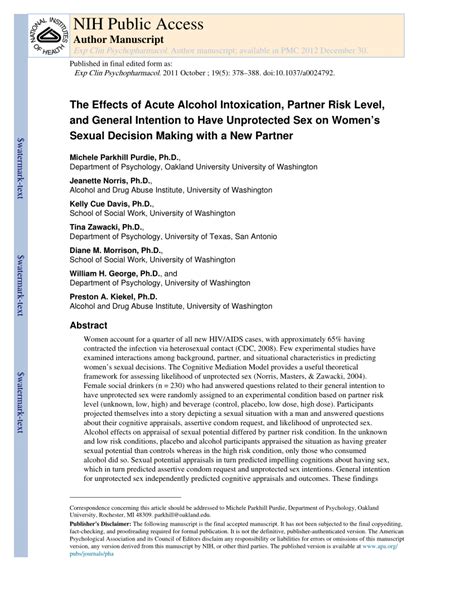 Pdf The Effects Of Acute Alcohol Intoxication Partner Risk Level And General Intention To