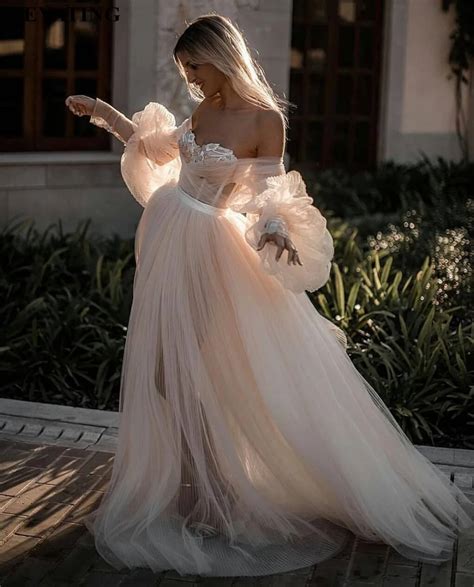 Romantic Off Shoulder Champagne Boho Wedding Dress Long Sleeves Vintage Lace Bohemian Bridal