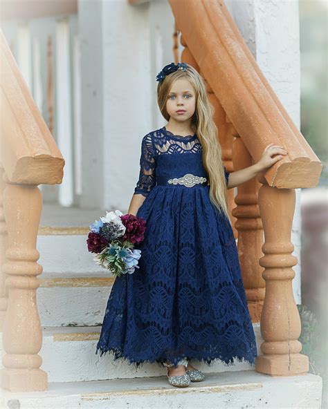 Lace Flower Girl Dress Navy Blue Long Sleeve Flower Girl Etsy