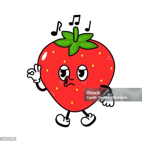 Cute Funny Strawberry Walking Singing Character Vector Hand Drawn