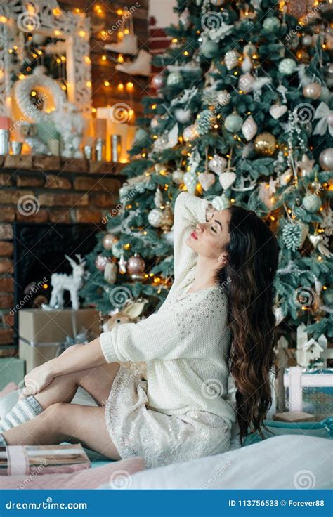 Happy Young Woman Brunette In Christmas Decorations Stock Image Image Of Design Glamor 113756533