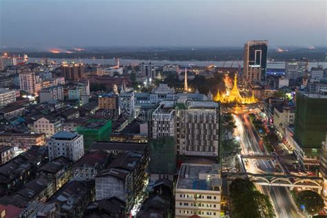 View Of Downtown Yangon From Above At Dusk Editorial Stock Image