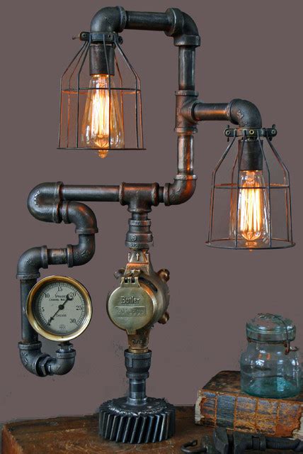 Industrial steampunk light stand side lamp vintage copper piping and gauges fabulous vintage industrial steampunk light stand that captivates a unique industrial look with serious. Machine Age Lamps Steampunk Gear Steam Gauge - Eclectic ...