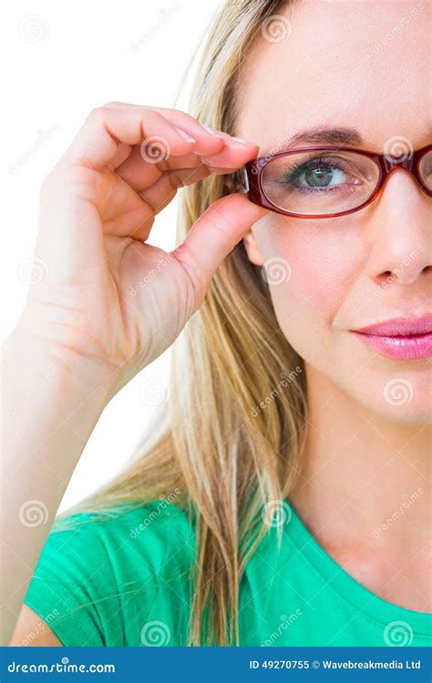 Pretty Blonde Holding Her Red Reading Glasses Stock Image Image Of Background Standing 49270755