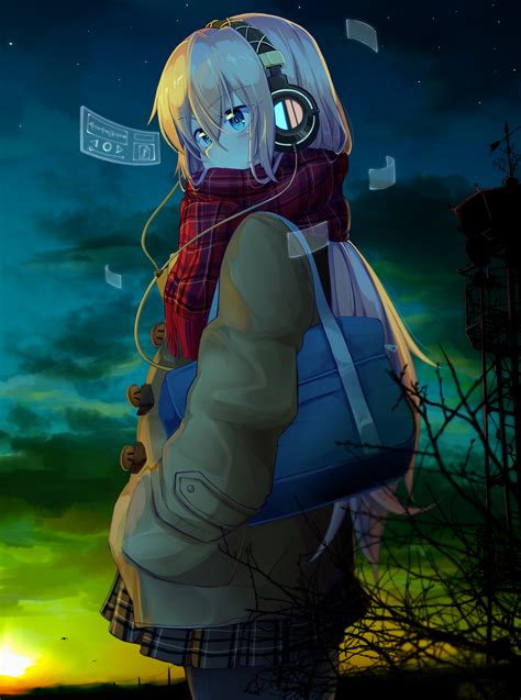 Wallpaper Ilustrasi Rambut Panjang Gadis Anime Mata Biru Headphone Screenshot Wallpaper