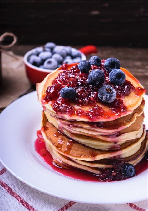 American Pancakes With Jam And Blueberries Stock Image Image Of