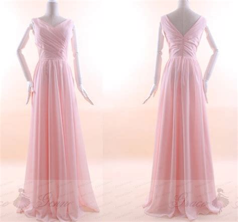 Blush Pink Bridesmaid Dress Chiffon Prom Dressv Neck Wedding Etsy