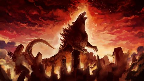 Fantasy Godzilla Is Damaging The City With Fire Background Hd Movies