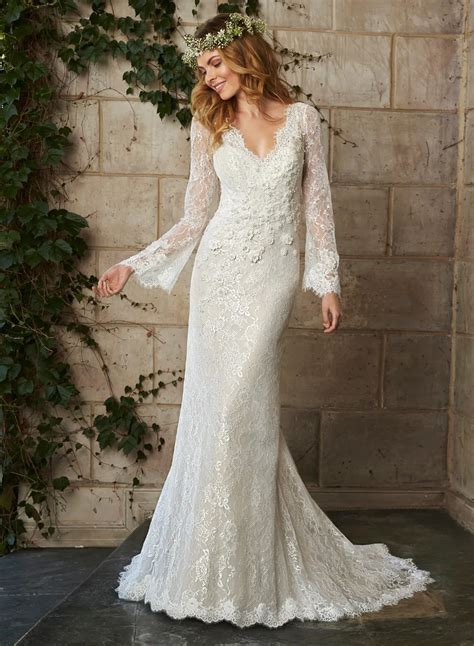 White Lace Applique Beads Handmade Flower Long Illusion Sleeves V Neckline Wedding Dresses Sexy