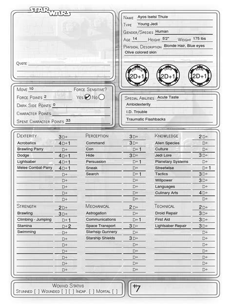 Star Wars Rpg D6 Fillable Character Sheet Pdf Leisure Weaponry