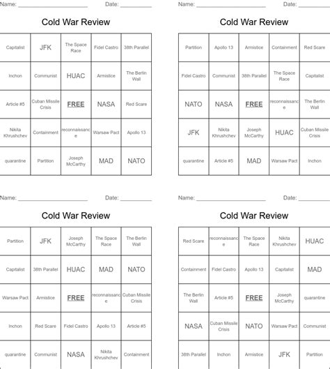 Cold War Review Bingo Cards Wordmint