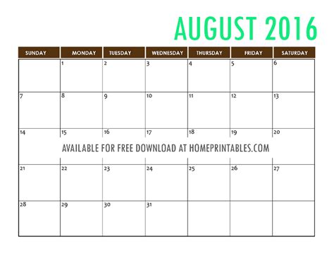 Free Printable August 2016 Calendar Home Printables