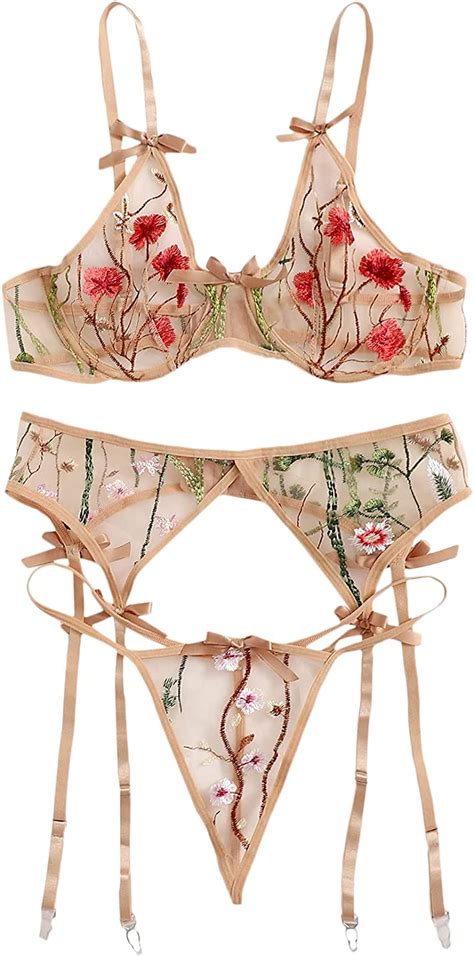 SheIn Women S Plus Embroidered Floral Mesh Underwire Push Up 3pcs