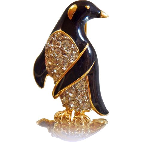 vintage rhinestone penguin brooch black enamel rhinestone penguin pin jeweled bird brooch