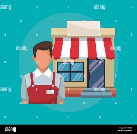Color Background With Salesman And Facade Store Awning Stock Vector