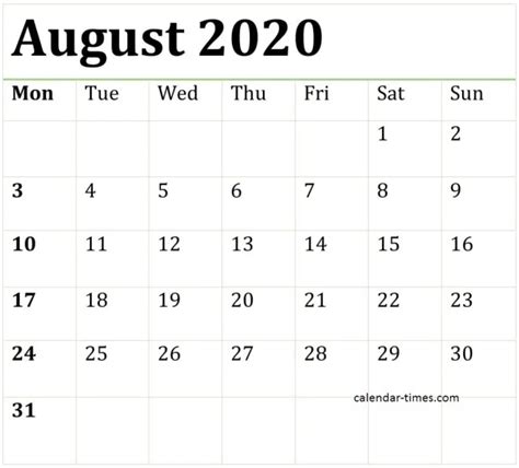 August 2020 Printable Monthly Calendar Template Monthly Calendar