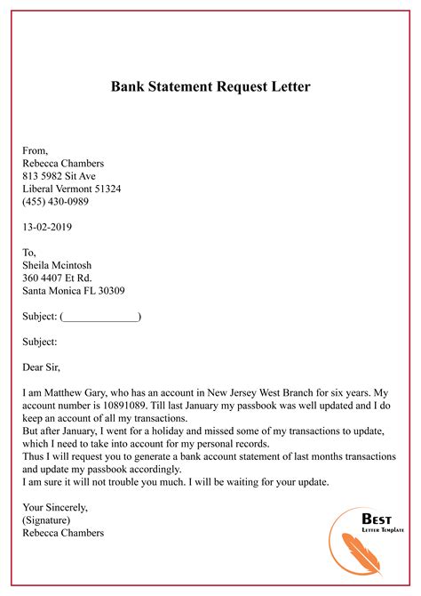 Bank Statement Letter Request Sample