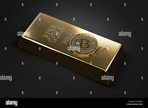 Golden Bitcoin Laying On The Gold Ingot Bullion Bar With Copy Space