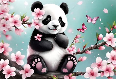 Cute Baby Panda On Cherry Blossom Background Baby Panda Cherry