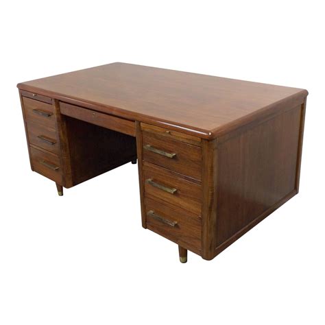 Mid Century Modern Jasper Desk Co Walnut 6 Drawer Writing Desk Chairish