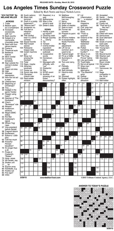 Sunday Crossword Puzzle Printable Ny Times Syndicated Answers Free