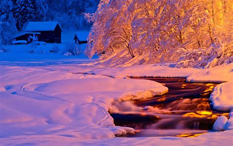 Winter Abend Licht Fluss Bach Schnee Haus 1920x1200 Hd