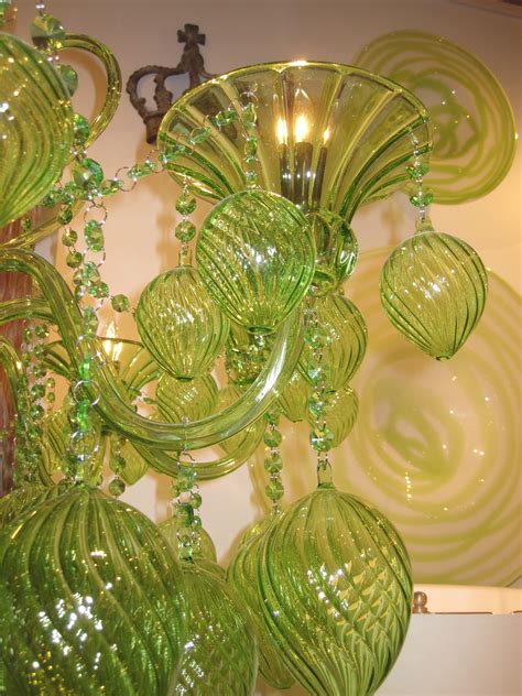 Green Glass And Crystal Chandelier 8 Light Murano Style Hand Blown