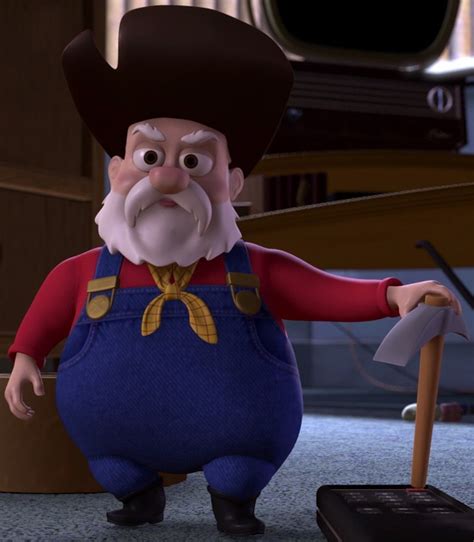An Animated Character In Overalls And A Cowboy Hat Holding A Wooden