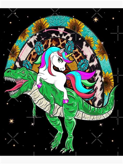 Unicorn Riding T Rex Dinosaur Girls Teens Women Rainbow Poster For