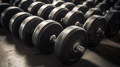 Group Of Black Dumbbells Are Lying In A Gym Background Dumbbell