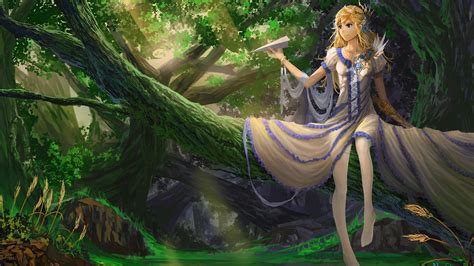 Anime Dress Forest Sitting Girl Beautiful Cute Wallpaper