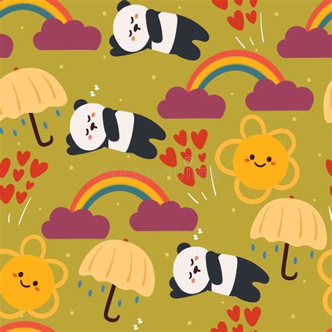 Seamless Pattern Cartoon Panda Rainbow Umbrella And Green Sky Cute