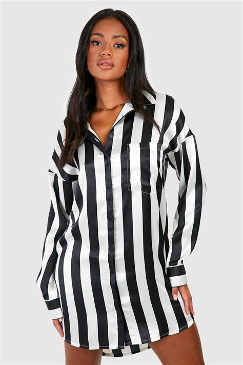 Womens Oversized Striped Satin Shirt Dresses Boohoo Uk