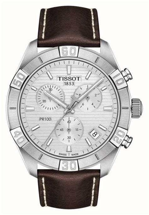 Tissot Pr100 Sport Chronograph Silver Dial Brown Leather Strap