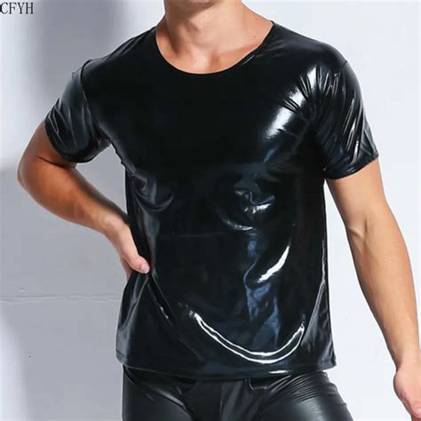 Cool Men Pu Imitation Faux Leather T Shirts Hot Sexy Club Dance Stage