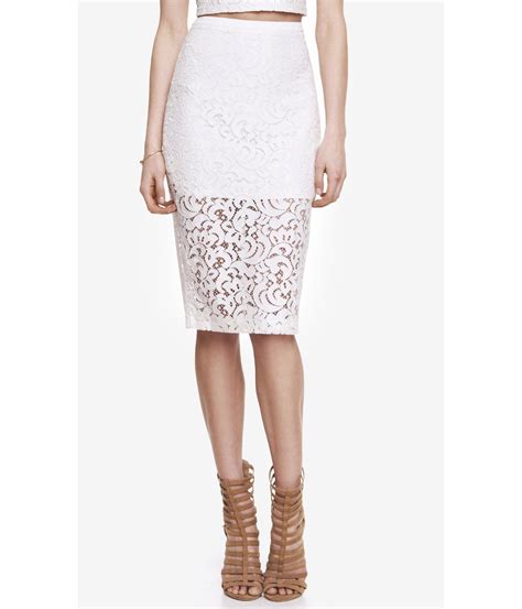 express high waist crocheted lace midi pencil skirt in white pearl lyst