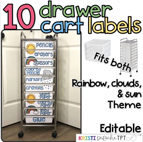 10 Drawer Cart Labels Editable Rainbow Sun And Clouds Drawer