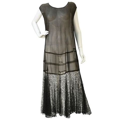 1920s Chiffon Drop Waist Flapper Dress With Black Lace Flapper